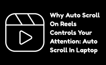 A person sitting at a desk watching short videos on a laptop, showing the screen with a vertical video feed and a hand resting away from the mouse.